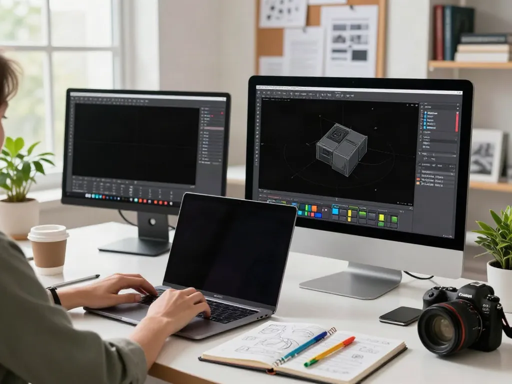Workspace showcasing software analysis for bento4d alternatif options with a laptop and design notes.