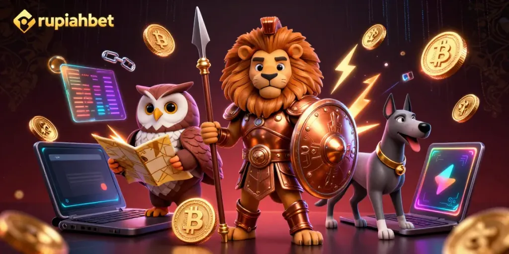 Experience the excitement with rupiahbet and its vibrant online gaming atmosphere featuring animated casino characters.