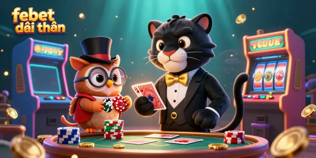 Experience febet đổi thưởng in a vibrant, playful 3D casino scene with dynamic characters and gaming elements.