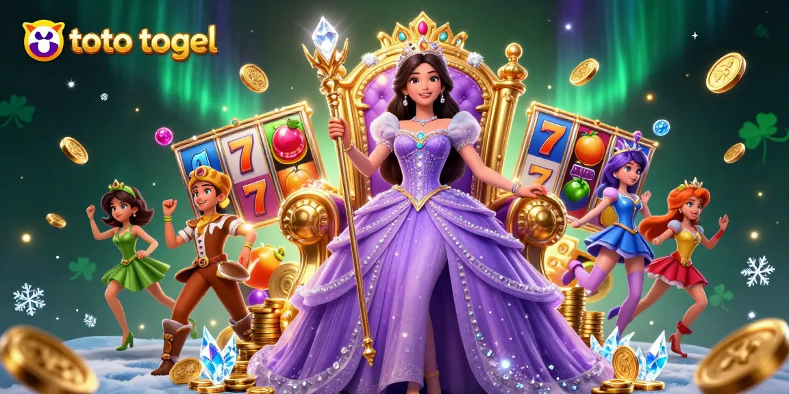 Engage with the exciting toto togel experience featuring vibrant slot reels and a regal character amidst a dazzling casino setting.