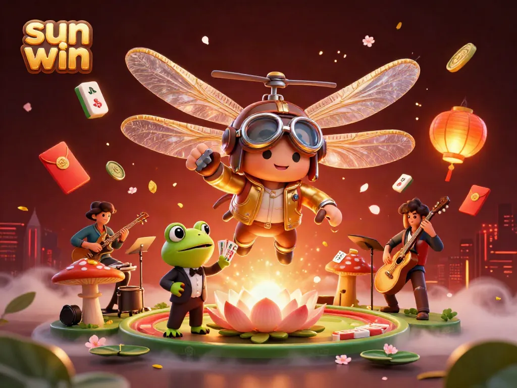 Experience thrilling gameplay at Sun Win casino with vibrant characters and festive elements, featuring a lively dragonfly pilot and frog dealer.
