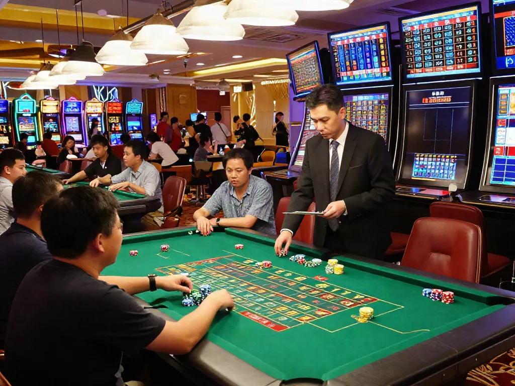 Data Macau dengan suasana kasino yang meriah dan pemain Toto Macau 4D.