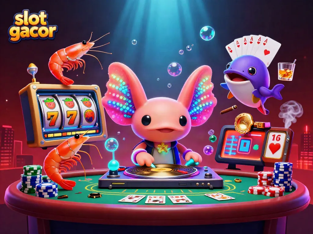 Experience the vibrant world of slot gacor with a lively underwater DJ party featuring neon-colored characters and exciting game elements.