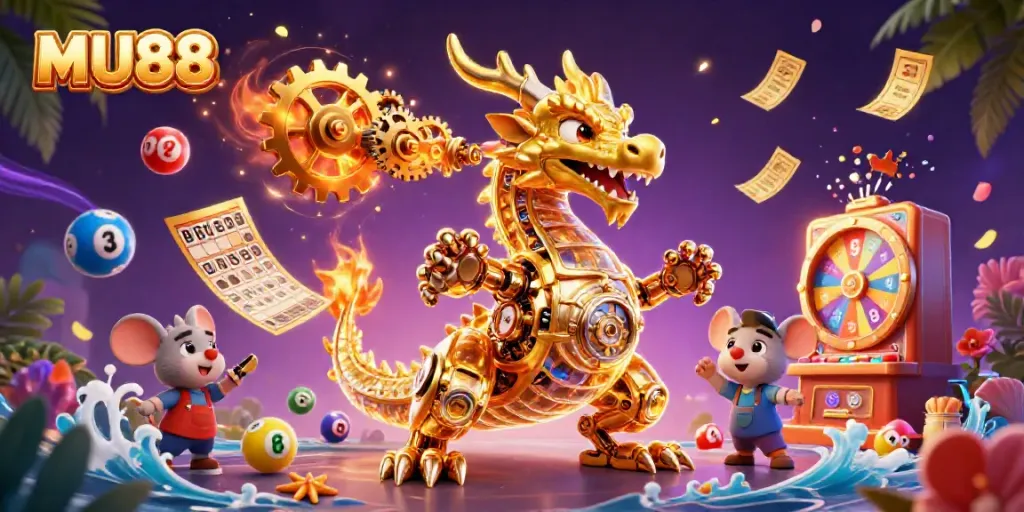 Engage with MU88 as the golden dragon unleashes gears and clouds of colorful lottery balls in a vibrant casino scene.