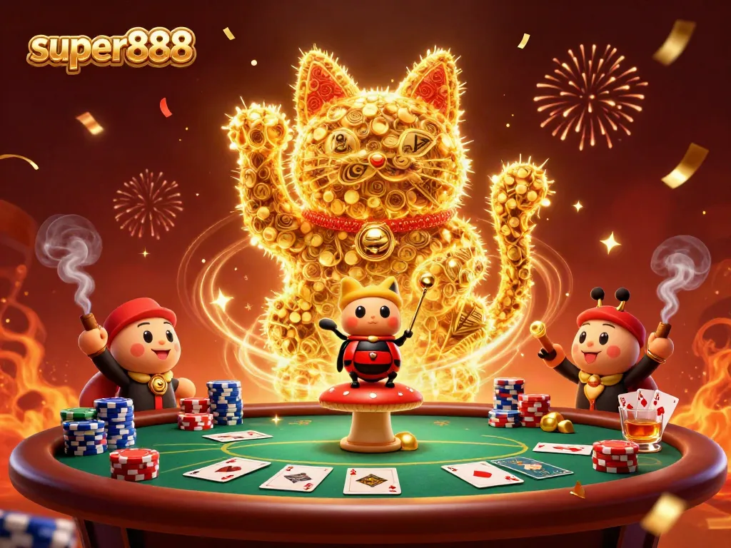 Super888 menampilkan kucing keberuntungan raksasa, dipenuhi simbol kasino dan suasana meriah.