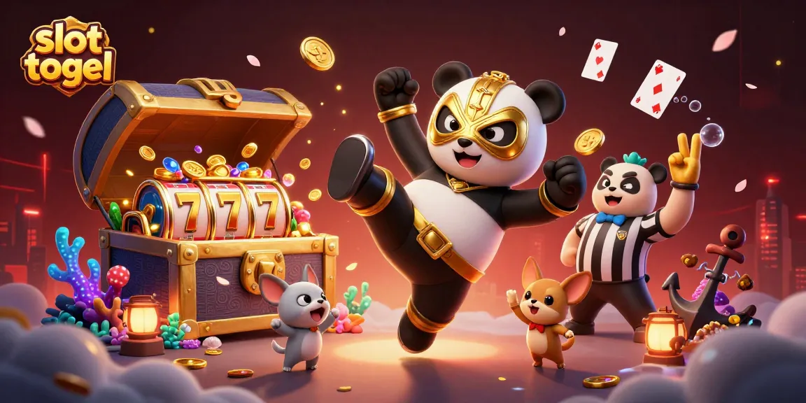 Experience slot togel excitement with a colorful 3D scene featuring a panda wrestler, floating slot reels, and cheering animal fans.