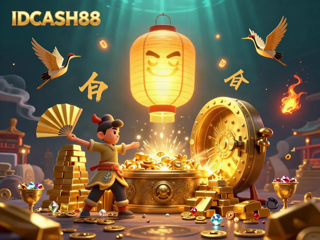 Engage with IDCASH88 in a vibrant casino scene filled with golden treasure and lively spirits.