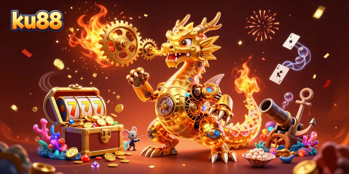 ku88 highlights an energetic casino scene with a dragon and gaming elements