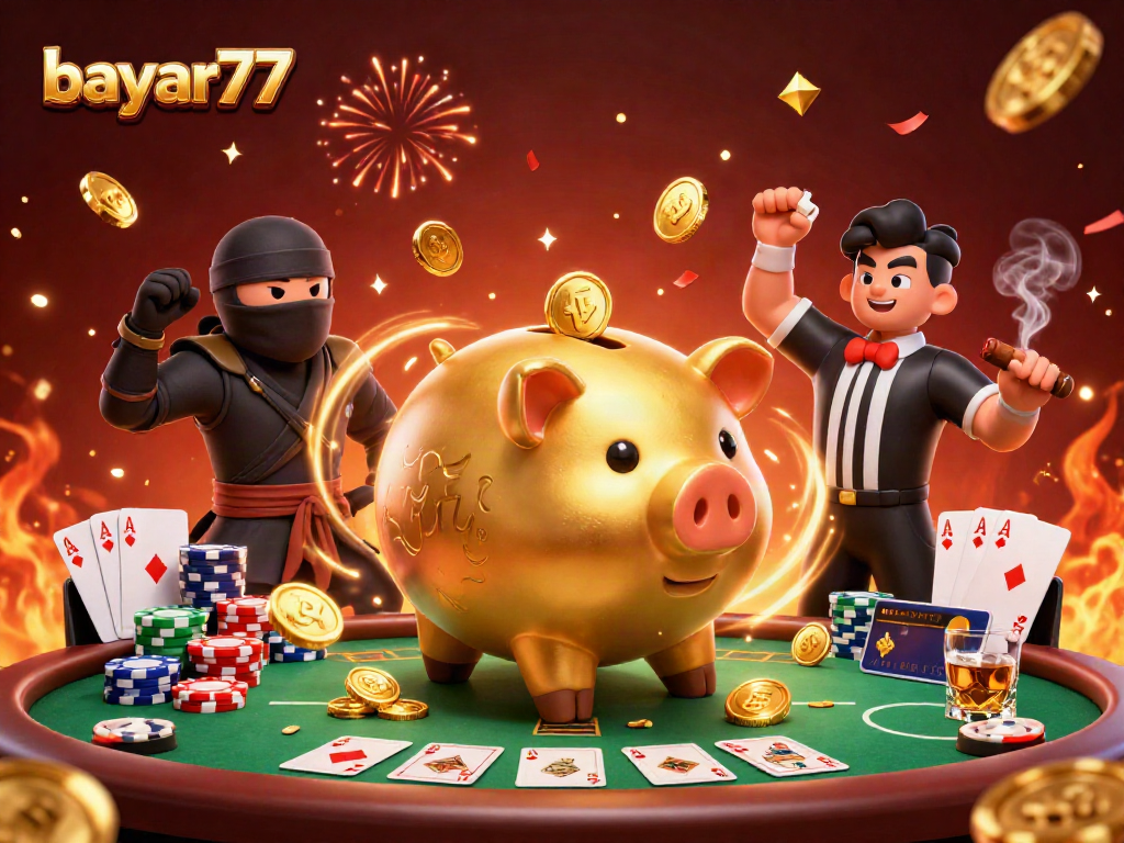 Bayar77 merayakan kemenangan dengan celengan sumo emas dan dompet ninja dalam suasana kasino