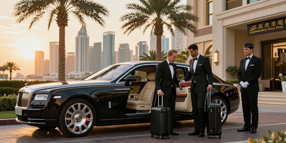 Pengalaman sewa mobil mewah LUXURY 777 di depan hotel mewah dengan suasana matahari terbenam kota yang elegan.