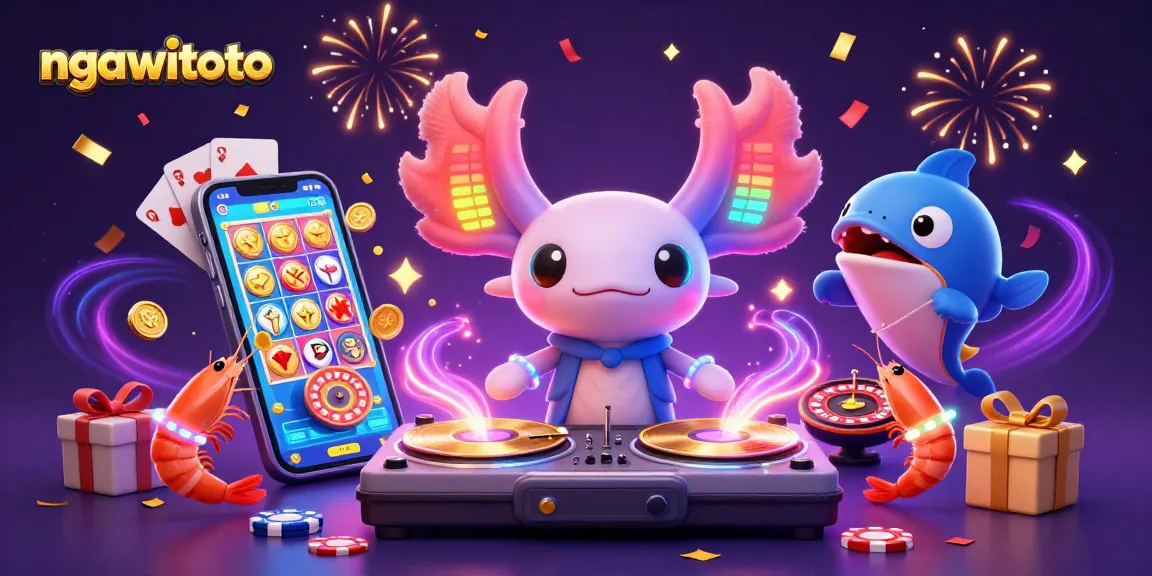 Experience gambling excitement with ngawitoto's vibrant casino-themed 3D illustration featuring animated characters and festive elements.