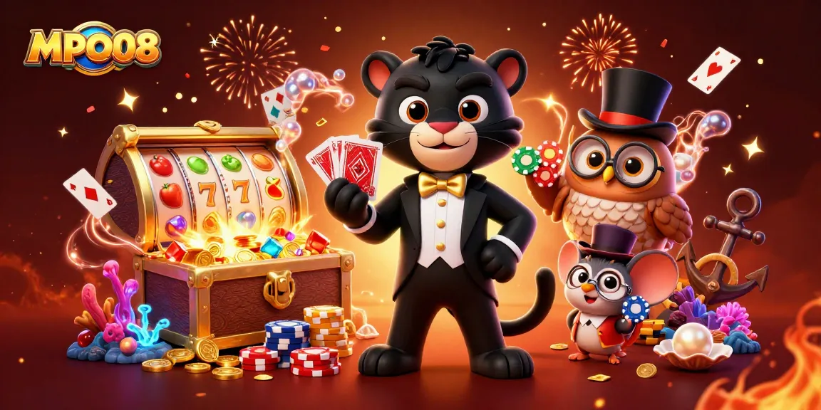 MPO08's panther dealer and owl host presenting exciting slot game elements amidst treasures and confetti.