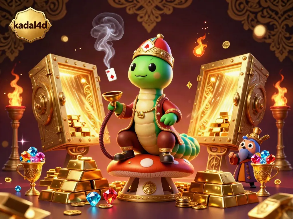 Engage with kadal4d in a vibrant 3D illustration featuring a luxurious casino scene filled with gold and jewels.