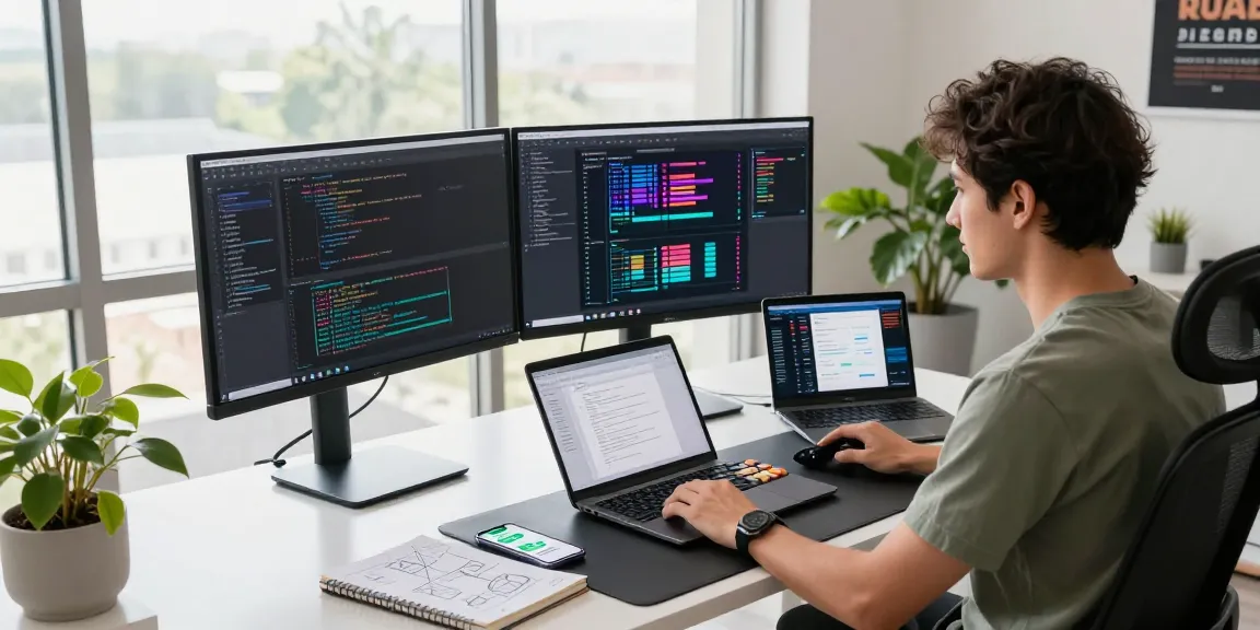Pengembang menggunakan Sga33 di ruang kerja modern dengan monitor menampilkan kode dan desain aplikasi.