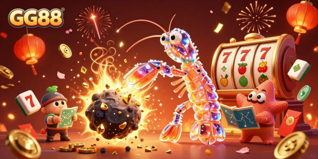 GG88 showcases exciting casino elements with a mantis shrimp and starfish in a vibrant scene.