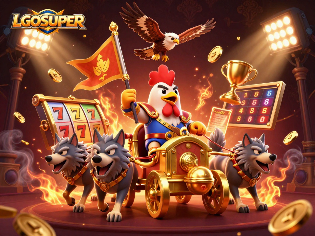 Experience the thrill of gaming at LGOSUPER with dynamic slot elements and a vibrant scene.