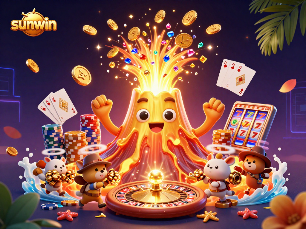 Experience sunwin's thrilling eruption of coins and treasures in this vibrant casino scene.