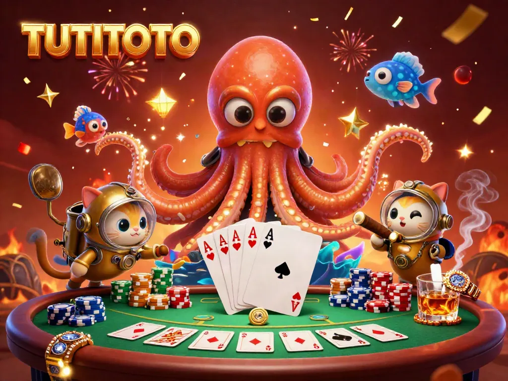 TUTITOTO showcases a kraken and a diving cat at a vibrant poker table amidst brilliant casino elements.