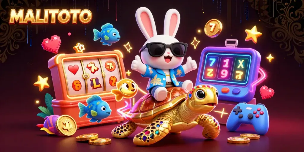 Experience the thrill of MALITOTO with a lucky rabbit and golden sea turtle amidst vibrant casino elements.
