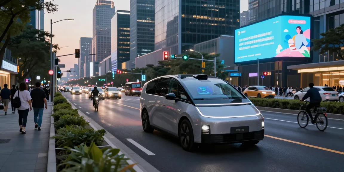 Autonomous driving vehicle seamlessly navigating a vibrant urban landscape, showcasing advanced technology and smart city integration.