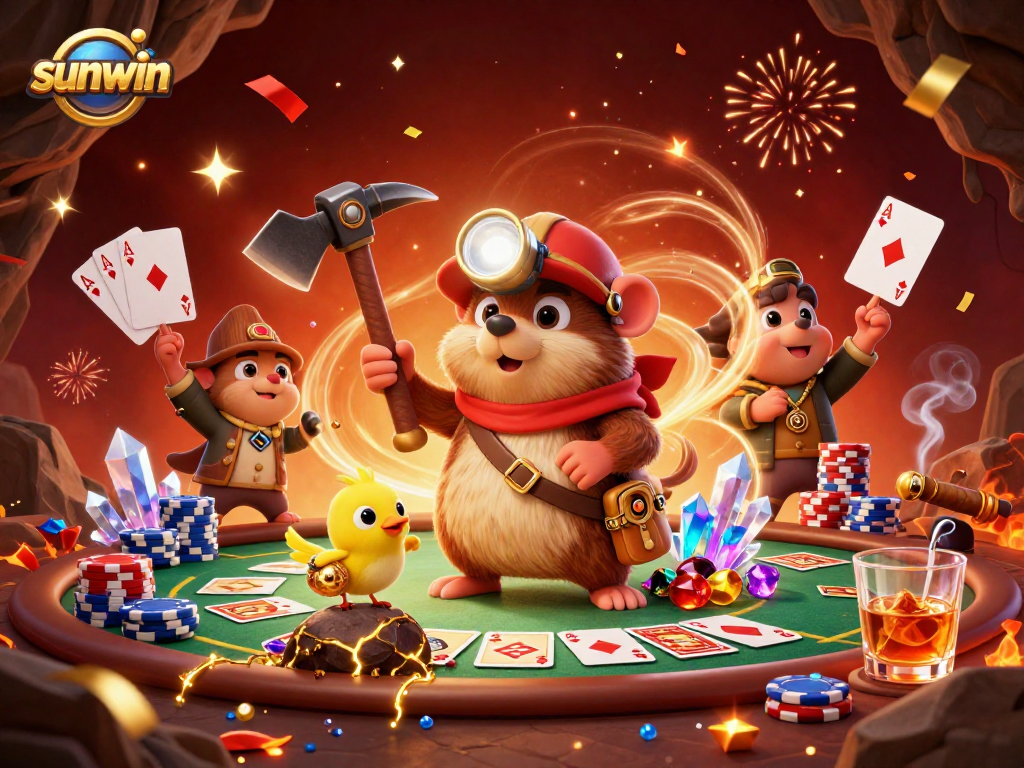 Discover exciting winning moments at sunwin with a treasure hunter mole and celebratory casino ambiance.