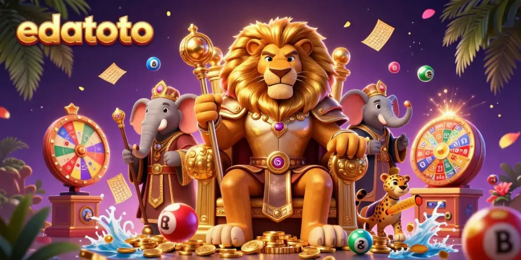 Experience the excitement of edatoto with a dynamic casino scene showcasing a lion king and gaming elements.