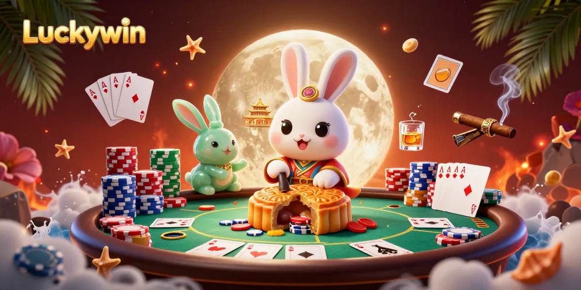 Experience Luckywin excitement with a moon rabbit, poker chips, and vibrant casino elements.