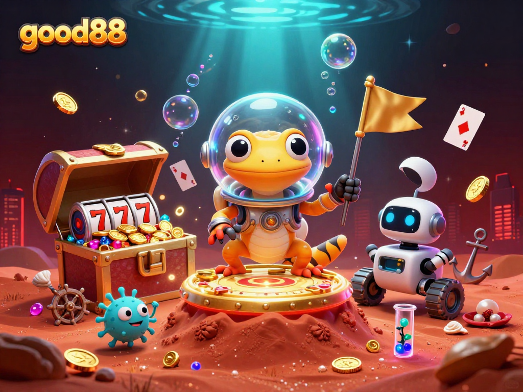 Experience big wins with good88 in this vibrant casino scene featuring a Martian gecko and dynamic game elements.