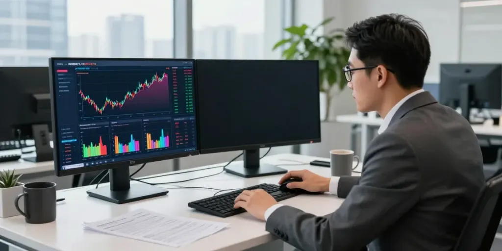 MEXC US Stocks analyzed by a financial expert in a modern trading office.