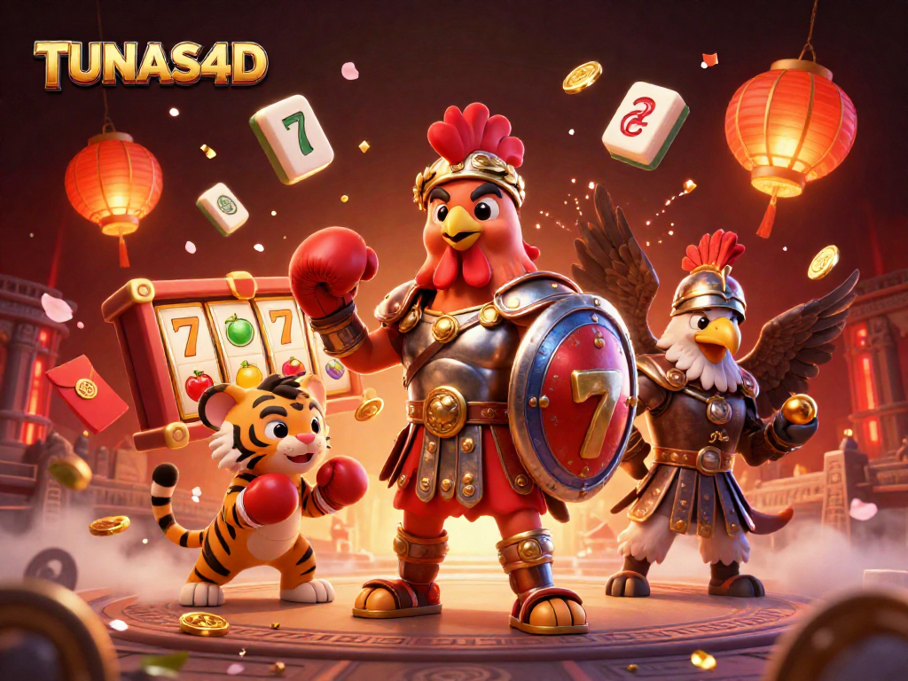 TUNAS4D offers an exhilarating gaming adventure with a vibrant illustration showcasing a gladiator rooster in an engaging casino environment.