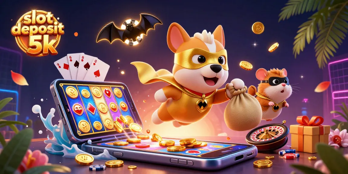 Experience the excitement of slot deposit 5k as a superhero dog and hamster fly with gold coins in a vibrant casino scene.