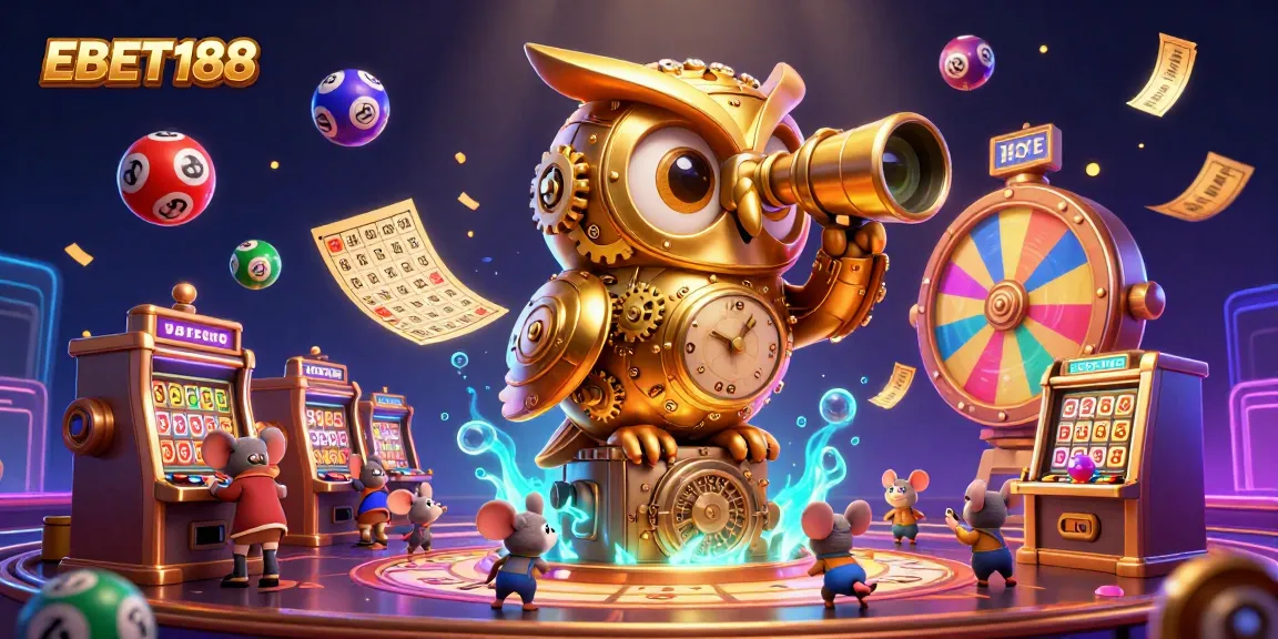 Engage in thrilling play at EBET188, where the vibrant casino atmosphere comes alive with golden owls and animated slot machines.