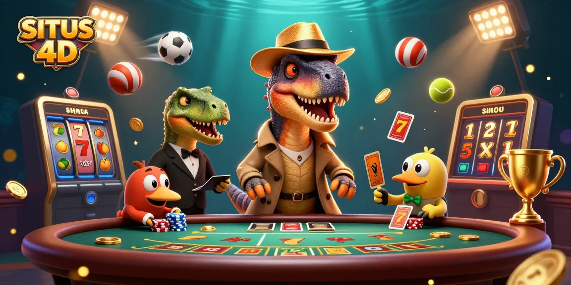 SITUS 4D menghadirkan ilustrasi kasino dengan velociraptor di meja blackjack di tengah keseruan.
