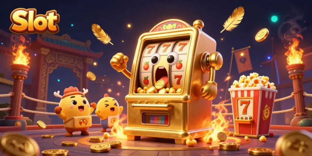 Slot machine celebrating a jackpot with coins pouring out, surrounded by cheering baby slots.