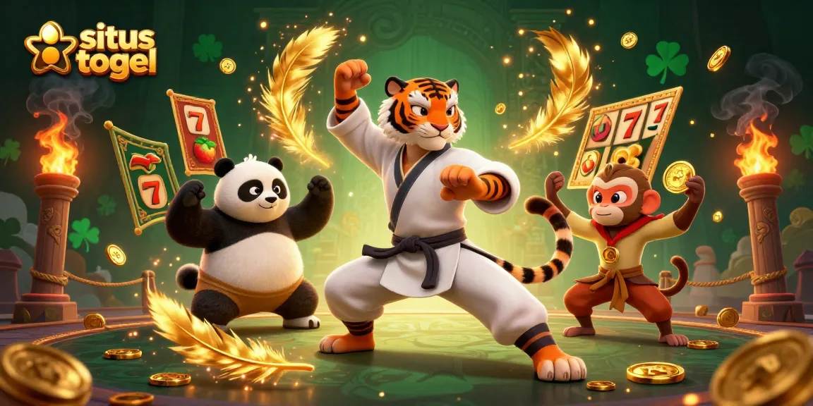 Situs togel excitement unfolds with a kung fu tiger and friends in an action-packed casino scene.