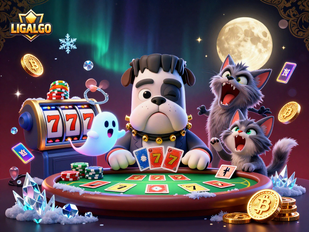 LIGALGO provides a thrilling scene with a Frankenstein bulldog dealing cards amidst vibrant casino elements.