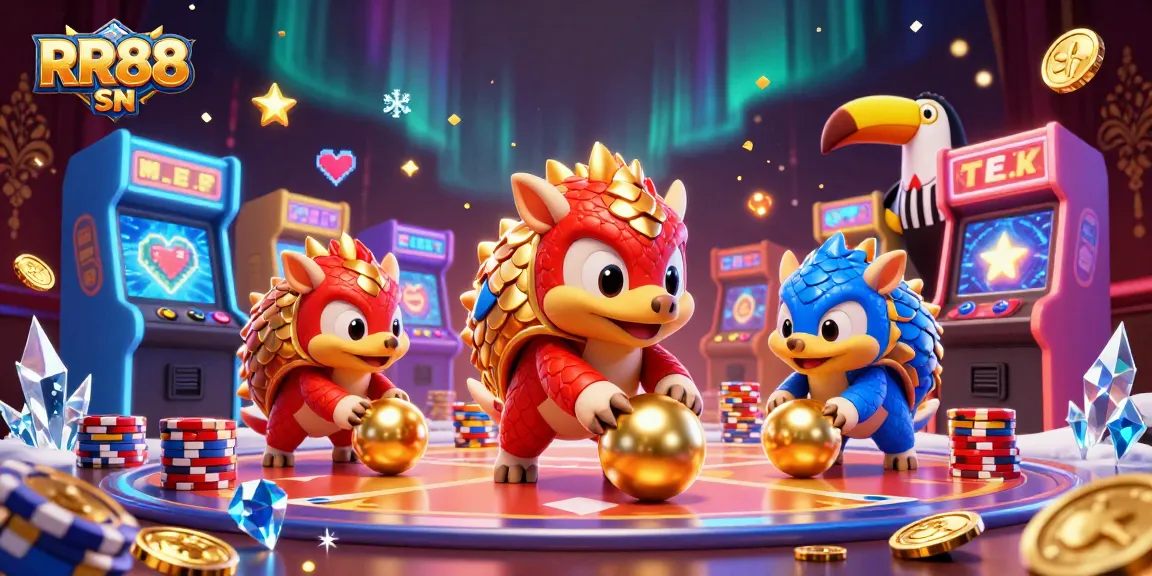 Experience thrilling fun with RR88 SN as pangolins roll golden balls and poker chips in a dynamic casino scene.