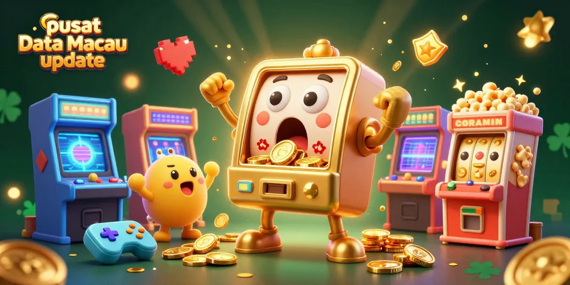 Pusat Data Macau update yang menampilkan mesin slot emas kartun dengan koin berjatuhan, penuh kemeriahan permainan kasino.