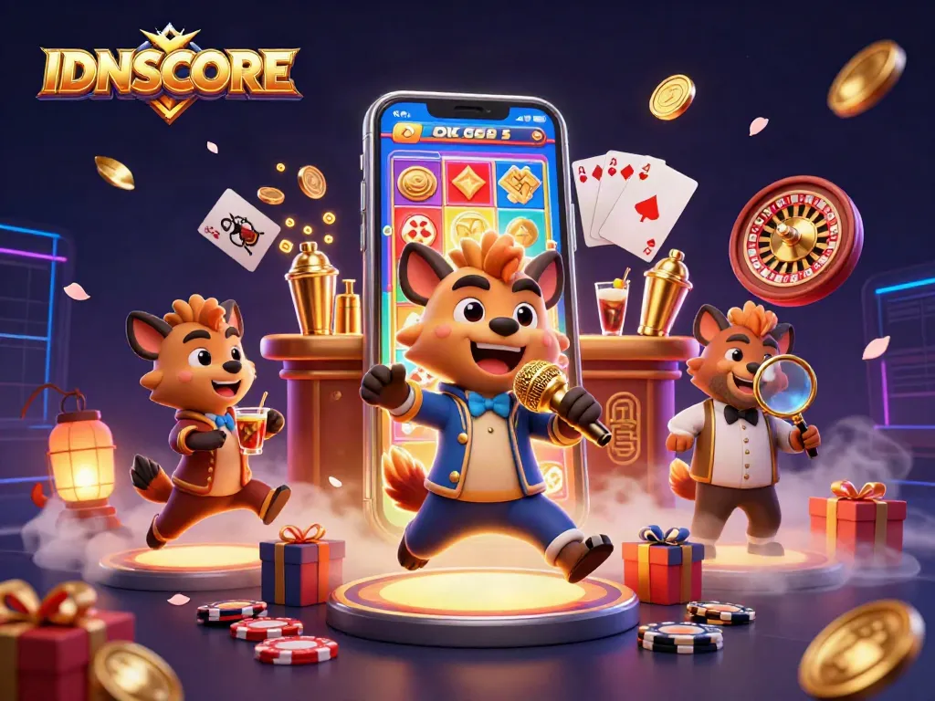 IDNSCORE offers exciting gameplay in a vibrant 3D comedy casino scene with hyenas.