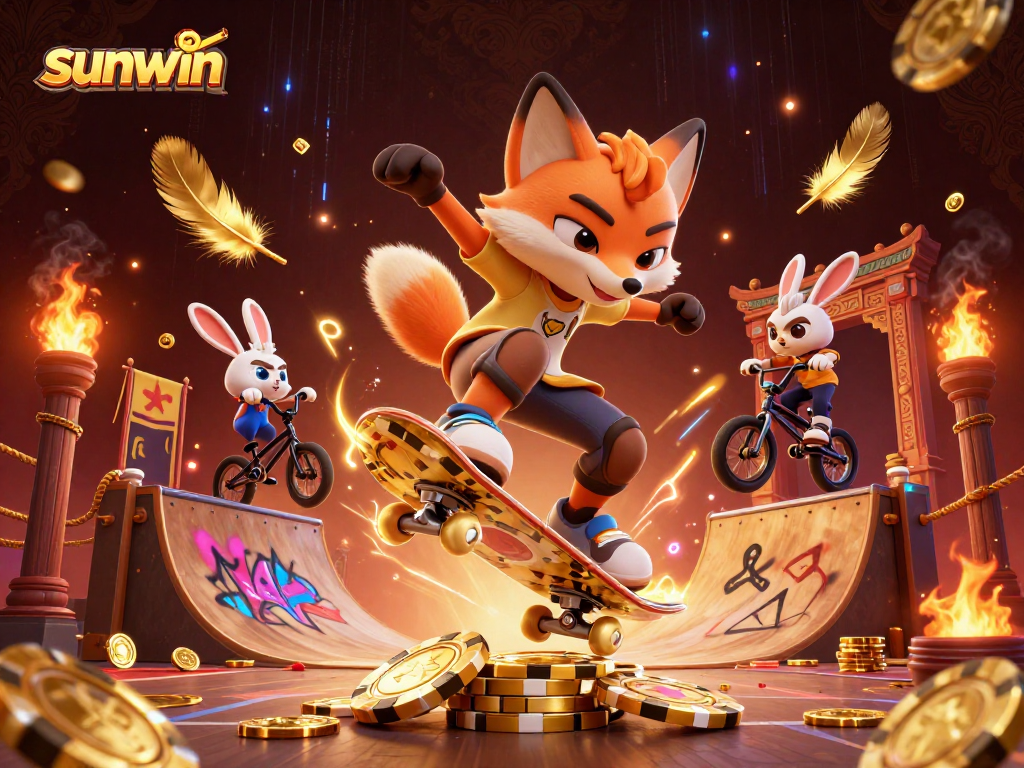 Join the excitement with sunwin while the cartoon fox performs tricks above poker chips.