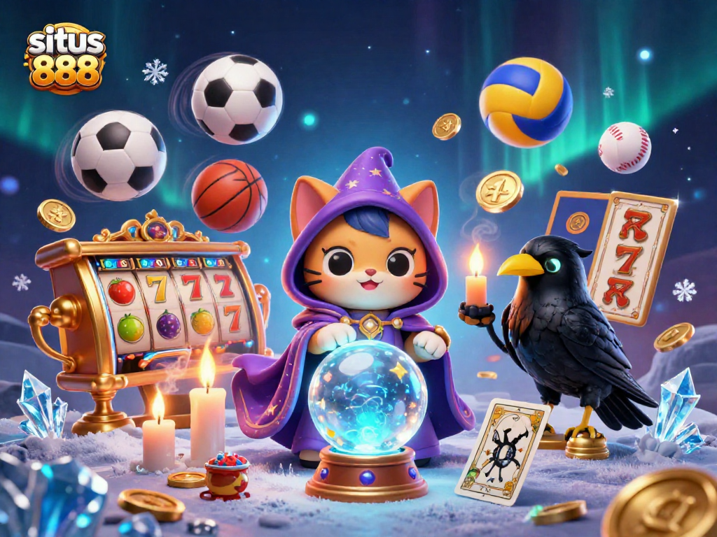 Engage with situs 888 slot games featuring a mystical cat and vibrant casino elements.