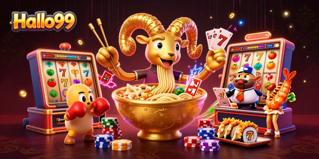 Engage with Halo99 in an exciting casino scene featuring vibrant slot reels and animated characters.