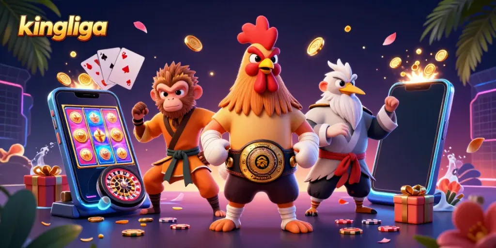 Kingliga menghadirkan ilustrasi 3D ceria dengan karakter hoki dan elemen permainan kasino yang kaya warna.