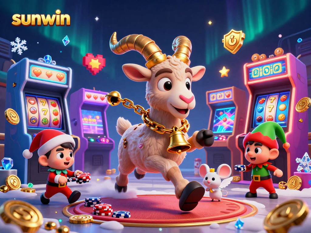 Engage in thrilling action at the sunwin casino featuring festive characters and slot reels.