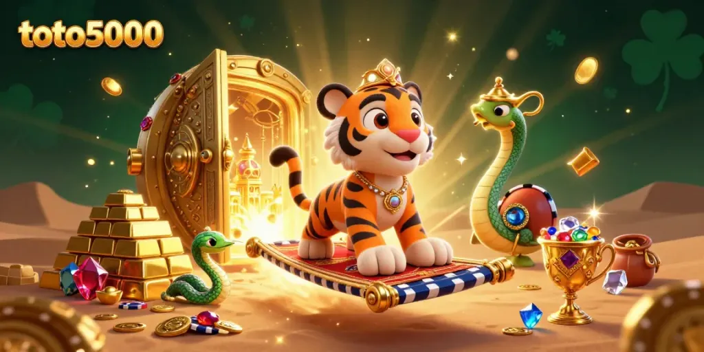 Experience winning with toto5000's engaging online lottery and gaming scene, featuring vibrant characters and treasures.