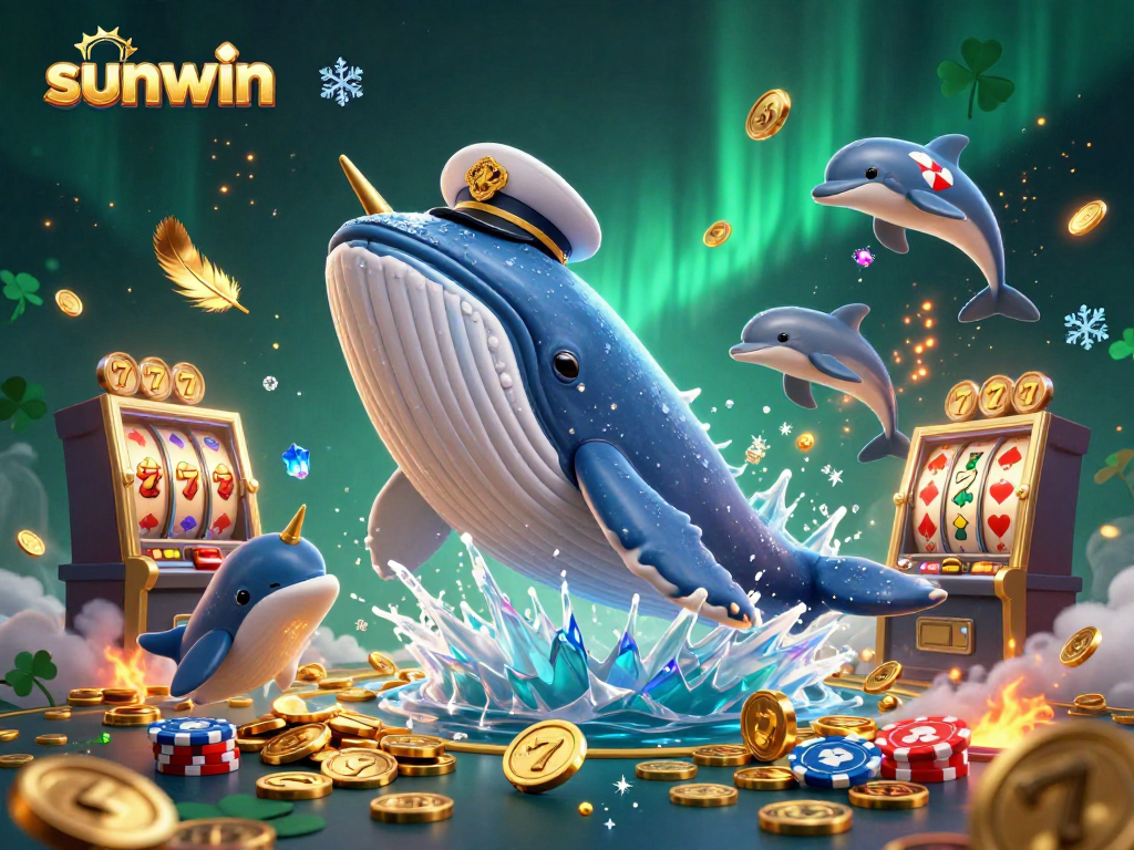 Experience thrilling wins at Sunwin with playful dolphins, magical coins, and a whimsical whale in a vibrant casino world.