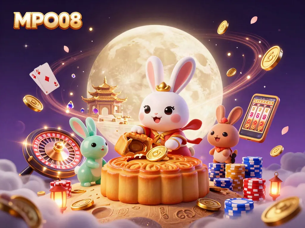 MPO08 engages players with a moon rabbit illustration assembling poker-themed delights in an enchanting casino setting.