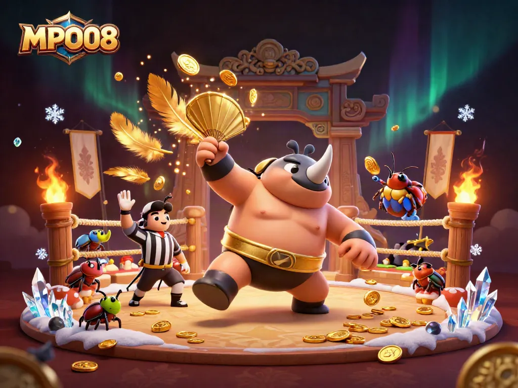 MPO08's exciting casino scene showcases a rhinoceros beetle champion and golden coins flying.