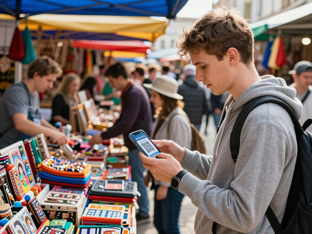 Pengunjung https://payinrussia.com/ melakukan pembayaran digital di pasar Rusia, dikelilingi barang-barang lokal yang berwarna-warni.