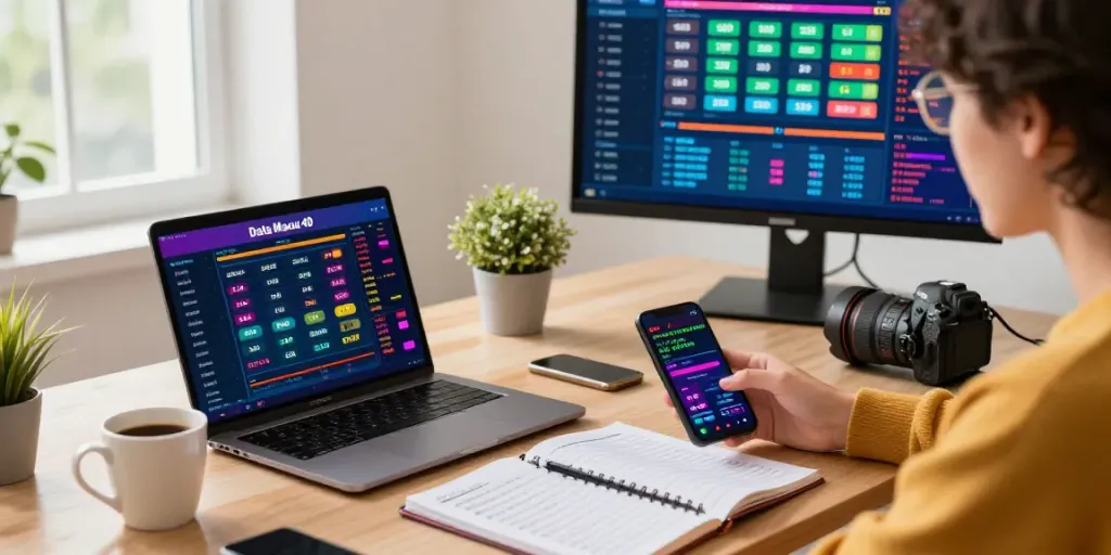 Pengguna memeriksa Data Macau 4D terbaru di laptop dengan strategi dan alat jelas di meja.